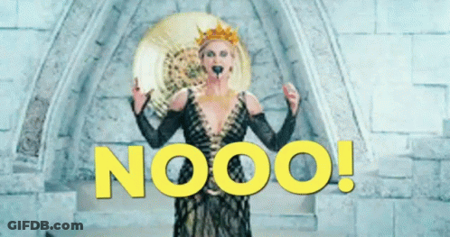 A Woman In A Costume With The Word Nooo Written In Yellow GIF