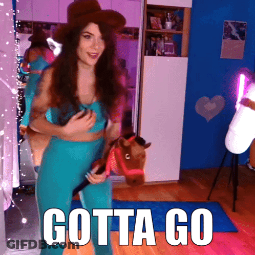 A Woman In A Cowboy Hat Is Holding A Toy Horse With The Words Gotta Go Written On The Bottom GIF