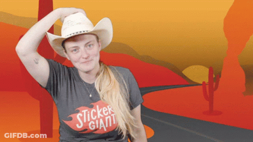 A Woman In A Cowboy Hat Is Wearing A Sticker Giant T-Shirt GIF