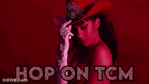 A Woman In A Cowboy Hat With The Words Hop On Tcm Written In Pink GIF