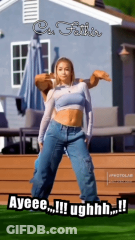 A Woman In A Crop Top And Jeans Is Standing In Front Of A House With The Caption Ayeeee !!! Ughhhh !! GIF
