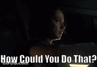 A Woman In A Dark Room With The Words " How Could You Do That " Written Below Her GIF