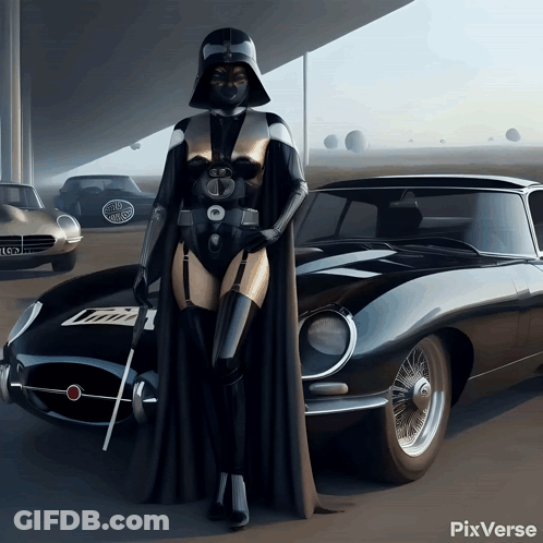 A Woman In A Darth Vader Costume Is Standing In Front Of A Black Car GIF