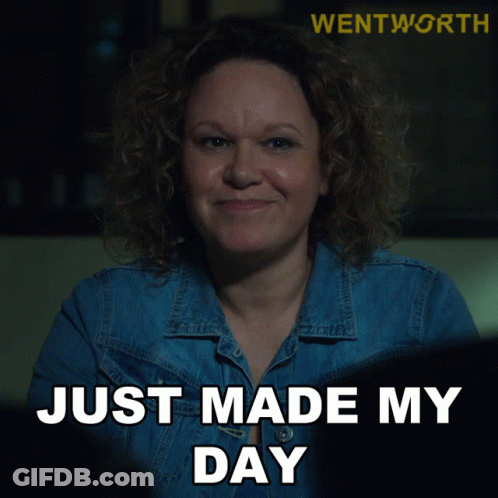 A Woman In A Denim Jacket Is Making A Face And Says Just Made My Day GIF