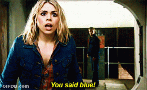 A Woman In A Denim Jacket Says " You Said Blue " In Front Of A Man GIF