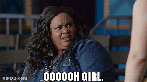 A Woman In A Denim Jacket With The Words Ooooh Girl On Her Face GIF
