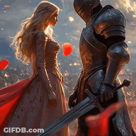 A Woman In A Dress Stands Next To A Knight In Armor With A Sword GIF