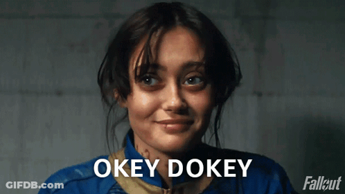 A Woman In A Fallout Costume Is Smiling And Says " Oky Dokey " GIF