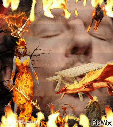 A Woman In A Fire Dress Is Surrounded By Fire And A Dragon GIF