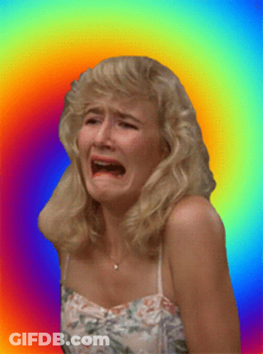 A Woman In A Floral Dress Is Crying Against A Rainbow Background GIF