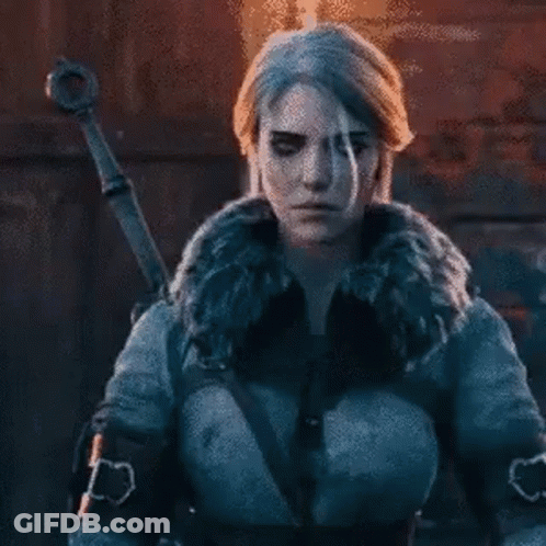 A Woman In A Fur Coat Is Holding A Sword And Looking At The Camera . GIF