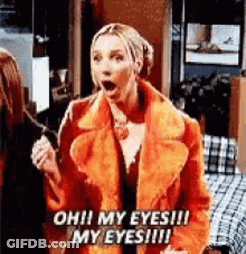 A Woman In A Fur Coat Is Standing In A Room With Her Mouth Open And Says `` Oh ! My Eyes ! '' GIF