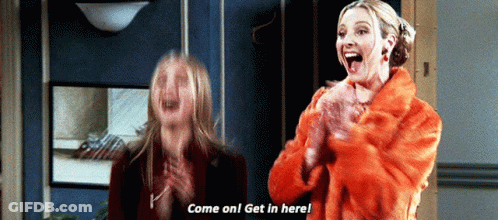 A Woman In A Fur Coat Says " Come On Get In Here " GIF