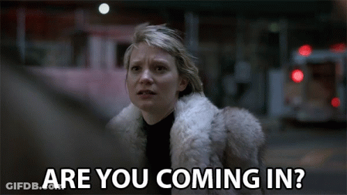 A Woman In A Fur Coat With The Words Are You Coming In Below Her GIF