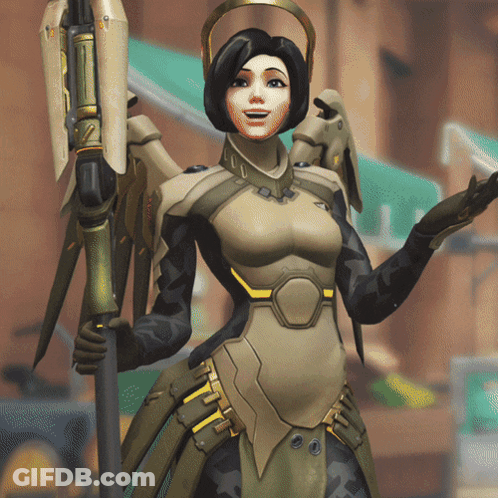 A Woman In A Futuristic Outfit Is Holding A Sword And Smiling GIF