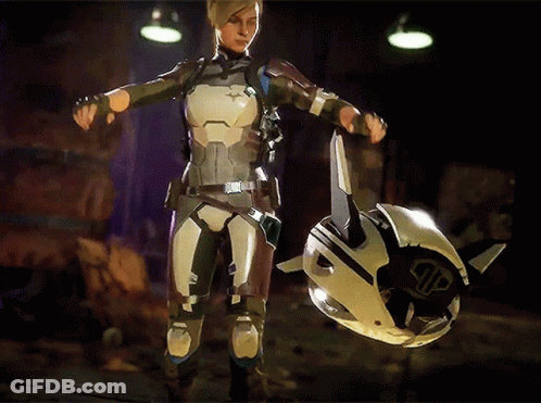 A Woman In A Futuristic Outfit Is Holding A White Object With The Letter G On It GIF