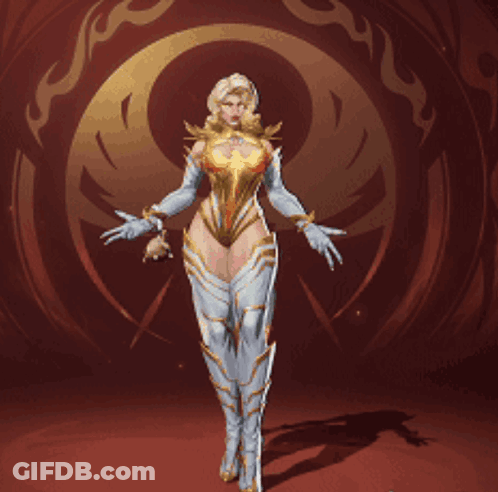 A Woman In A Gold And White Outfit Is Holding A Sphere GIF