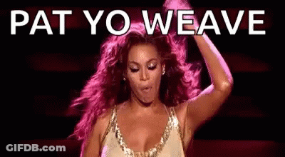 A Woman In A Gold Dress Is Dancing On A Stage With The Words Pat Yo Weave Above Her . GIF