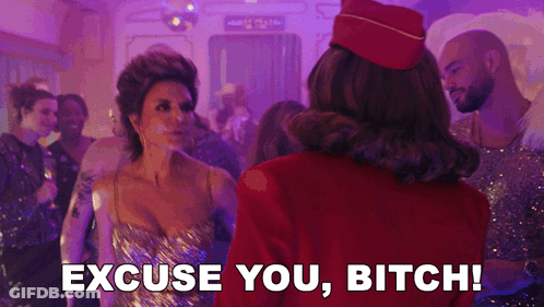 A Woman In A Gold Dress Is Standing Next To A Woman In A Red Hat And Says Excuse You Bitch . GIF
