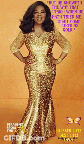 A Woman In A Gold Dress With A Quote That Says " But He Knoweth The Way That I Take GIF