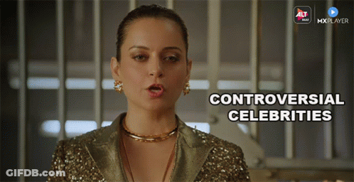 A Woman In A Gold Sequined Jacket With The Words " Controversial Celebrities " Below Her GIF