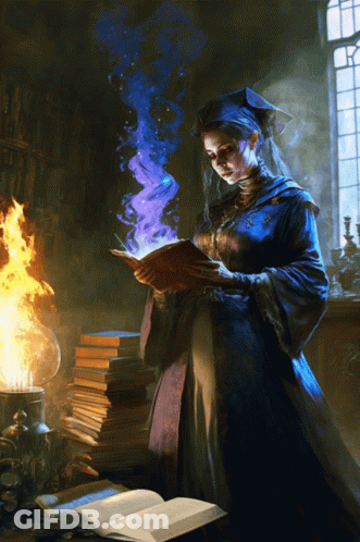A Woman In A Graduation Cap And Gown Is Reading A Book With Purple Smoke Coming Out Of It GIF