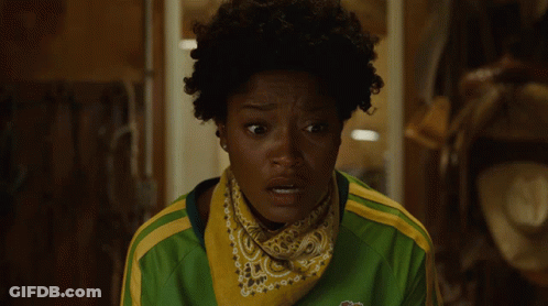 A Woman In A Green And Yellow Shirt Says We Got It In White Letters GIF