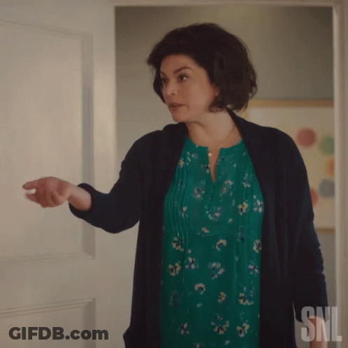 A Woman In A Green Dress And Black Cardigan Stands In Front Of A Snl Sign GIF