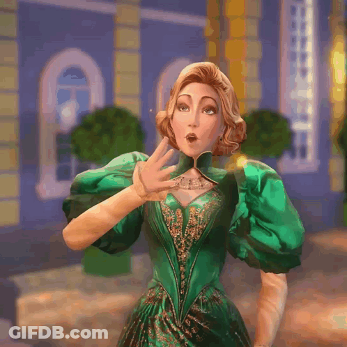 A Woman In A Green Dress And Gloves Is Standing In Front Of A Building GIF