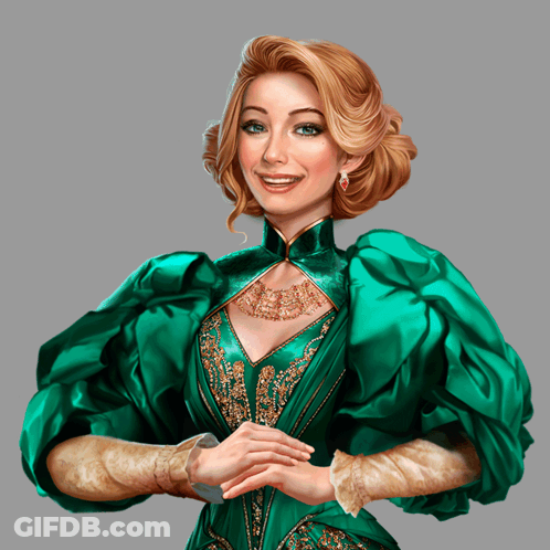 A Woman In A Green Dress And Gold Jewelry Smiles GIF