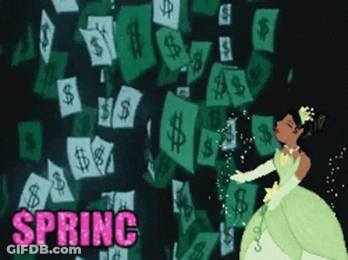 A Woman In A Green Dress Is Standing In Front Of A Wall Of Dollar Bills With The Words Spring Written On It GIF