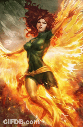 A Woman In A Green Dress Is Surrounded By Flames And Fire GIF