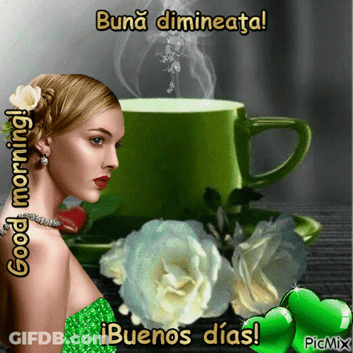 A Woman In A Green Dress Stands In Front Of A Green Cup Of Coffee GIF