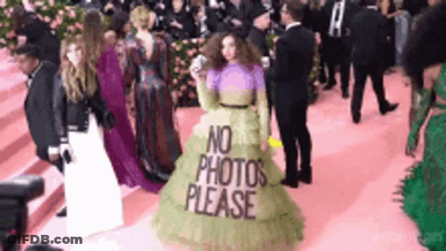 A Woman In A Green Dress With The Words No Photos Please On It GIF