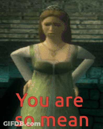 A Woman In A Green Dress With The Words " You Are So Mean " Written In Red GIF