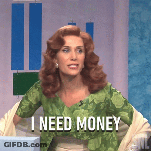 A Woman In A Green Floral Shirt Says I Need Money GIF