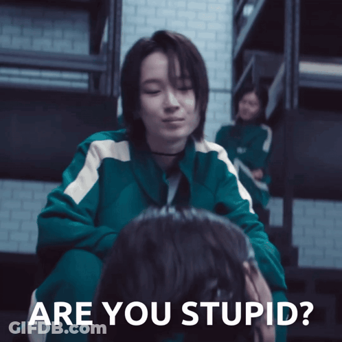 A Woman In A Green Jacket Is Sitting Next To Another Woman With The Words " Are You Stupid " On The Bottom GIF