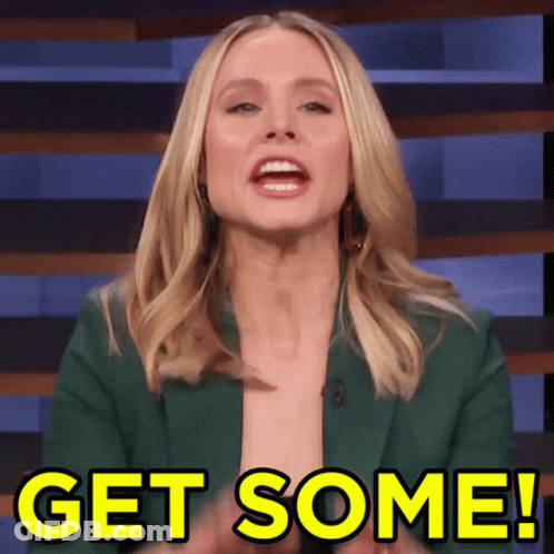 A Woman In A Green Jacket Says Get Some In Yellow Letters GIF