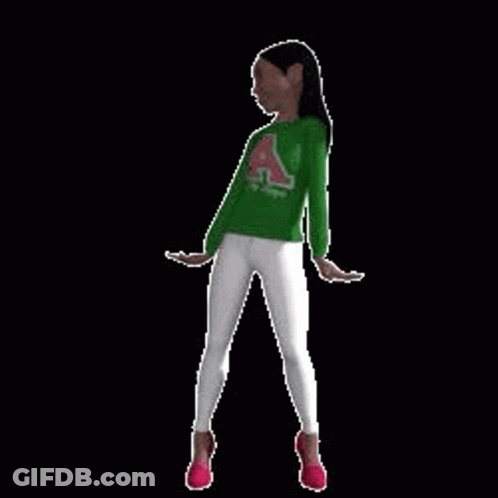 A Woman In A Green Shirt And White Pants Is Dancing With Her Arms Outstretched . GIF