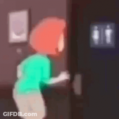 A Woman In A Green Shirt Is Standing In Front Of A Door In A Bathroom . GIF