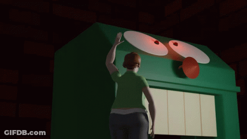 A Woman In A Green Shirt Is Standing In Front Of A Green Building With A Smiley Face On It GIF