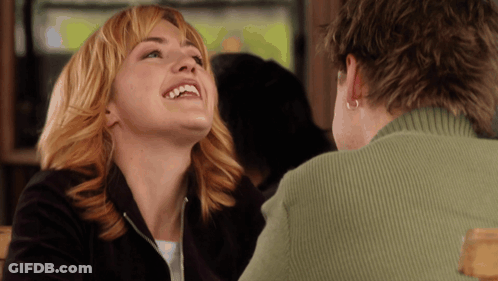 Woman In Green Sweater Laughing Looking Up GIF