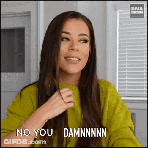 A Woman In A Green Sweater Says " No You Damnnnn " GIF