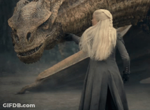 A Woman In A Grey Dress Petting A Dragon GIF