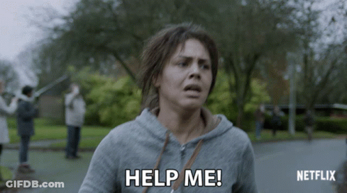 A Woman In A Grey Hoodie Is Asking For Help From Netflix GIF