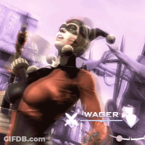 A Woman In A Harley Quinn Costume Is In A Video Game With The Name Wager On The Screen GIF