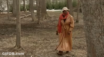 A Woman In A Hat And Coat Is Walking Through A Forest . GIF