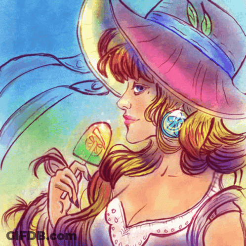 A Woman In A Hat Is Holding A Popsicle GIF