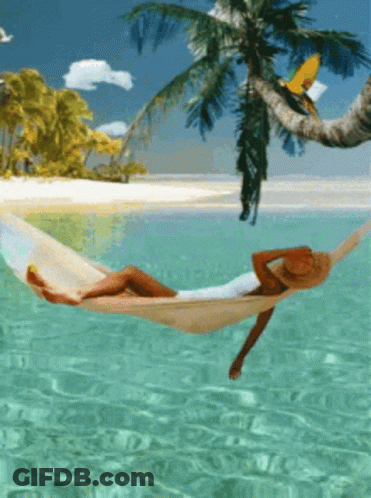 A Woman In A Hat Is Laying In A Hammock In The Water GIF