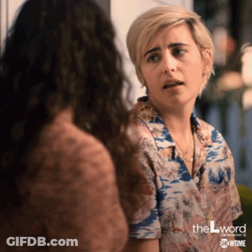 A Woman In A Hawaiian Shirt Is Talking To Another Woman In A Showtime Advertisement GIF
